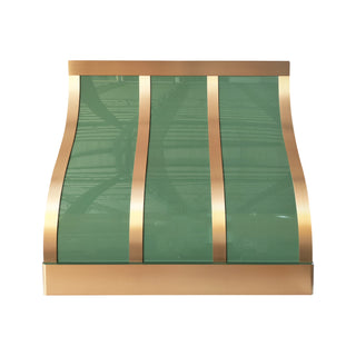 custom green stainless steel range hood with decorative straps