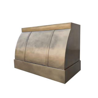 kitchen aged brass range hood feature with unique barrel design