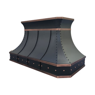 Decorative wall-mounted shelf with black finish and copper accents on a white background