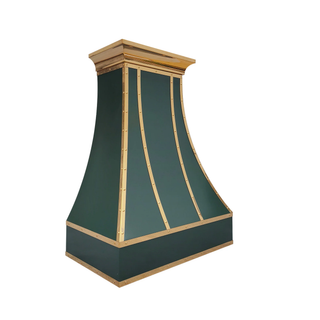 decorative wall-mounted range hood with brass straps and rivets