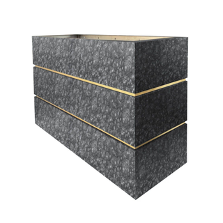 Right angle view: Rectangular range hood in hammered graphite stainless steel with brushed brass accents.