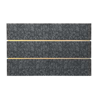 Front view: Hammered Graphite Stainless Steel range hood with brushed brass straps, rectangular shape.