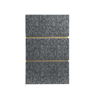 Side view: Stainless steel range hood with two brushed brass straps, rectangular, modern luxury design.