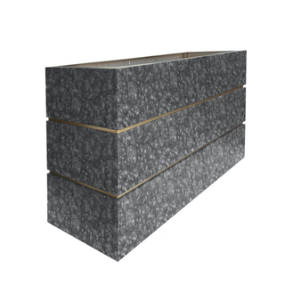 Left angle view: Minimalist luxury graphite stainless steel  range hood, ideal for minimalist luxury kitchen.