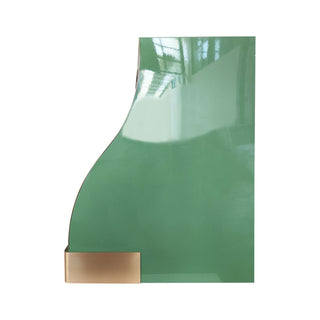the side of a custom green kitchen vent hood