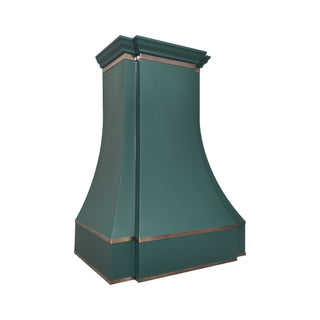 curved green stainless steel range hood with brass bands