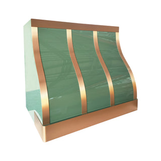 polished custom green stainless steel kitchen vent hood with brass straps