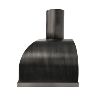 Right side view: Premium dark grey stainless steel kitchen hood with a brushed stainless steel apron.