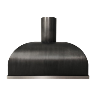 Front view: dark grey stainless steel kitchen hood with a curved dome top and brushed stainless steel apron.
