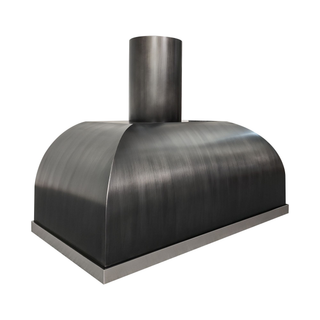 Left angle view: Artisanal dark grey stainless steel kitchen hood designed for modern industrial kitchens.