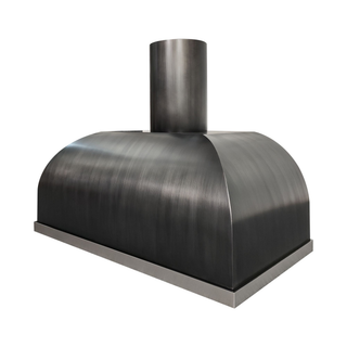 Right angle view: Handmade dark grey stainless steel kitchen hood is constructed by 16 gauge solid steel.