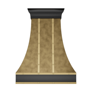 decorative aged brass range hood with black stainless steel apron & crown