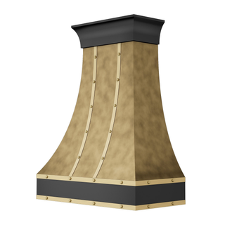 sinda custom aged bradd vent hood with brass straps and rivets