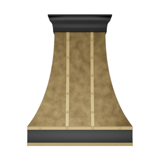 decorative aged brass vent hood with a metallic finish