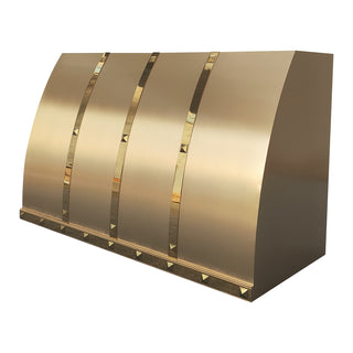 Modern Custom Brushed Brass Range Hood - Polished Brass Straps & Square Rivets