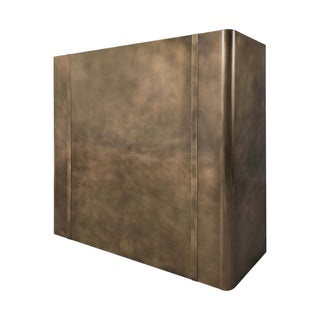sinda aged brass range hood in a modern kitchen