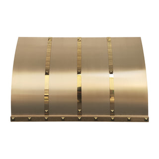 Custom Brushed Brass Kitchen Range Hood - Polished Brass Straps & Square Rivets