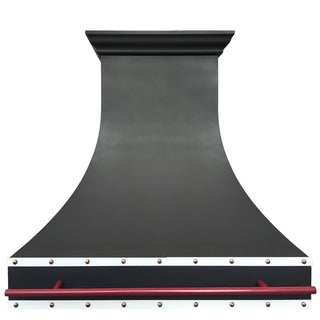 Black kitchen hood with red pot rail on a white background