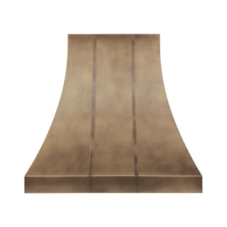 Custom Aged Brass Kitchen Range Hood with Two Aged Brass Straps