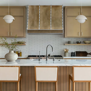 Modern Aged Brass Kitchen Range Hood With Zinc Straps And Rivets