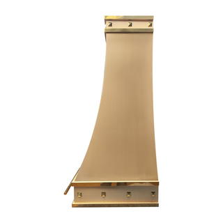 custom brushed brasss range hood accented with polished brass rivets
