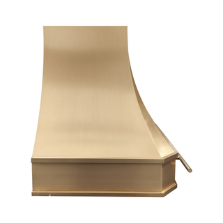 Left side view: Luxry brushed brass range hood, fit for minimalist kitchen design.