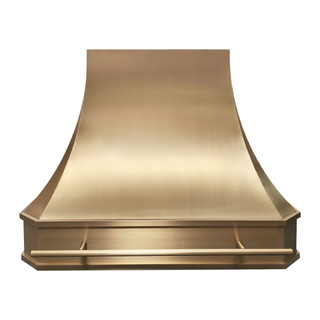 Front view:  Luxury brushed brass range hood with pot rail.                                                                                                                                      