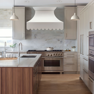 Modern kitchen with stainless steel range hood.