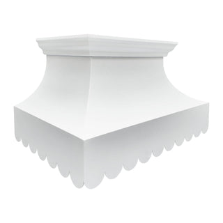 Left angle view: Artisanal white stainless steel kitchen hood designed for modern kitchens.   