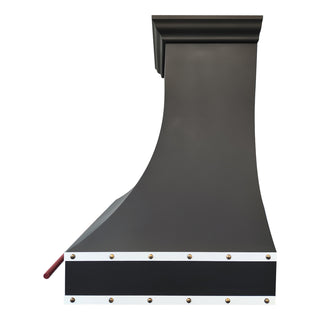 Black kitchen stainless steel range hood with decorative red pot rail