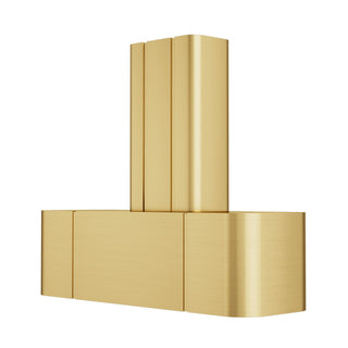 sinda brushed brass kitchen hood featuring layered structure, wide lower strip with curved edge, vertical upper panels and two grooves