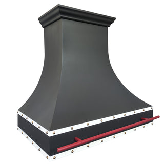 Black kitchen hood with red pot rail pipe on a white background