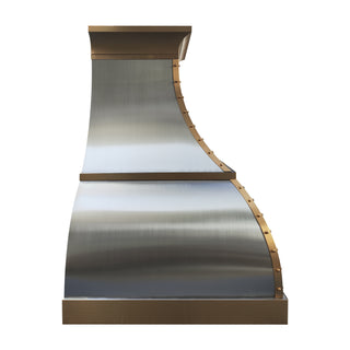 Stainless steel range hood with brass straps and rivets