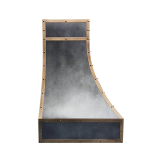 Left side view: Aged brass straps and round rivets highlight this non-directional zinc range hood.