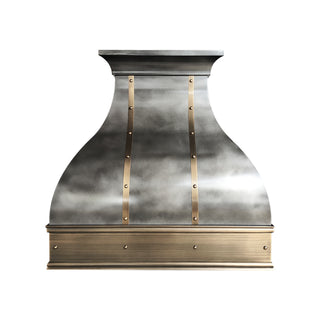beautiful zinc range hood with brass accents 