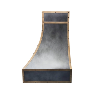 Right side view: Non-directional zinc range hood, ideal for industrial chic kitchen designs.