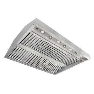  stainless steel range hood with a slotted front filter and integrated light fixtures