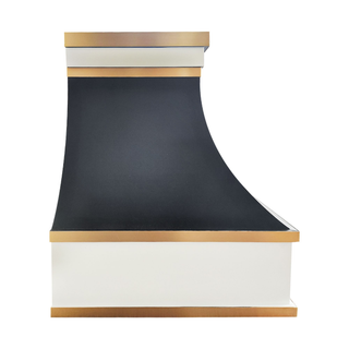 Left side view：Black & white steel range hood with brushed brass straps ideal for modern kitchens.