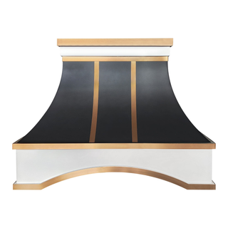 Front view：Black & white stainless steel range hood with brushed brass straps.