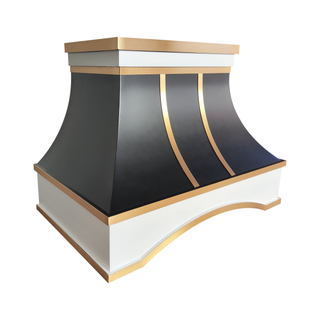 Left angle view：Black stainless steel range hood accented with brass straps, a sleek modern-luxury piece.