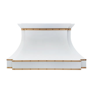 white kitchen hood with gold accents straps and rivets