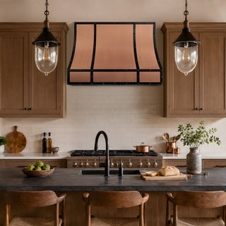 a modern kitchen natural copper range hood with oil rubbed bronze straps and rivets