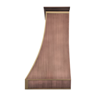 Left side view：Antique copper range hood accented with brushed brass straps, ideal for rustic kitchen styles.