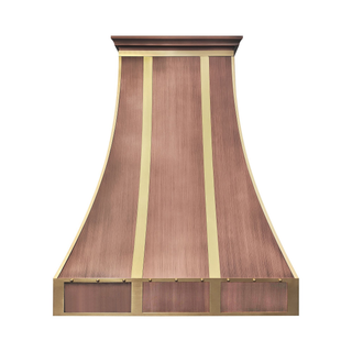 Front view：Antique copper range hood with brushed brass straps and apron round rivets.