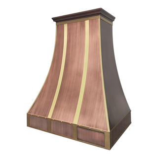 Right angle view：Antique copper range hood featuring brushed brass straps and rivets, fit for luxury kitchen.