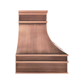 Right side view: antique copper stove hood detailed combines minimalist luxury with strong ventilation system.