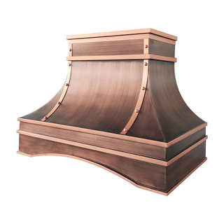 Right angle view: antique copper range hood adds luxury and timeless appeal to kitchen.