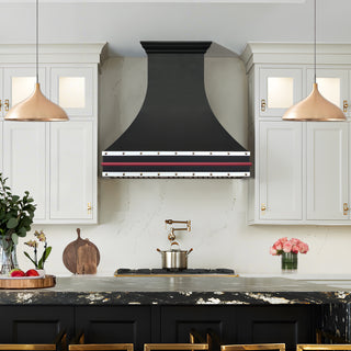 Black kitchen hood with red pot rail on a white background