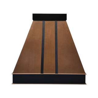 Front view: Vintage copper hood with oil rubbed bronze vertical straps, matching crown and apron trim.