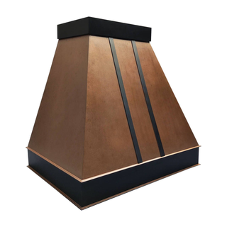 Left angle view: Sleek vintage copper range hood blending rustic charm with contemporary design for kitchen.